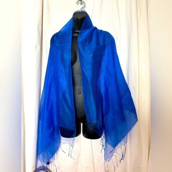 Wool/Silk Royal Blue Elegant Sheer Scarf 27" Wide X 68" Long Plus Fringe - Picture 2 of 5